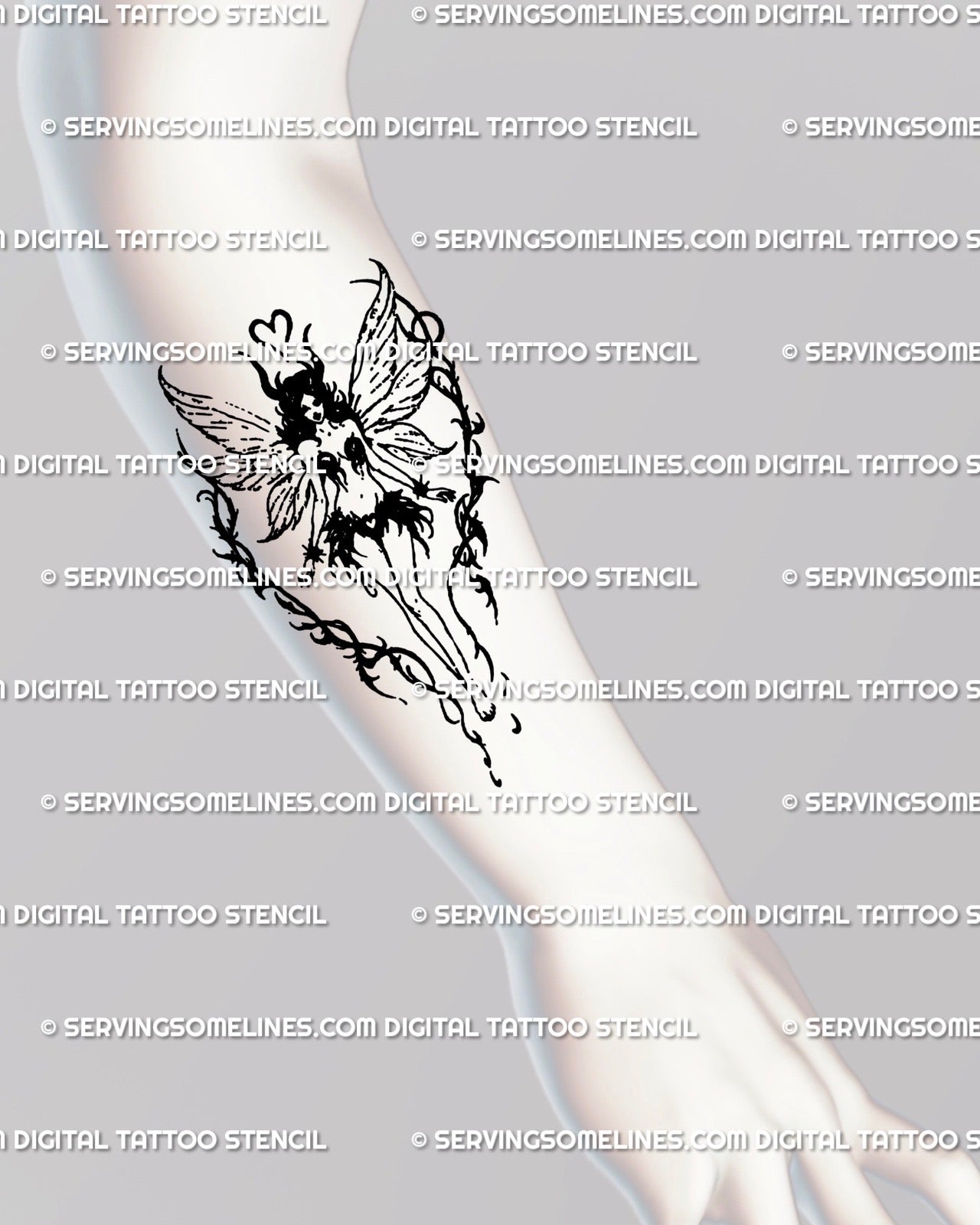 Gothic dark fairy tattoo on forearm, hand-drawn blackwork line art showing fantasy wings and elegant gothic fairycore symbolism.
