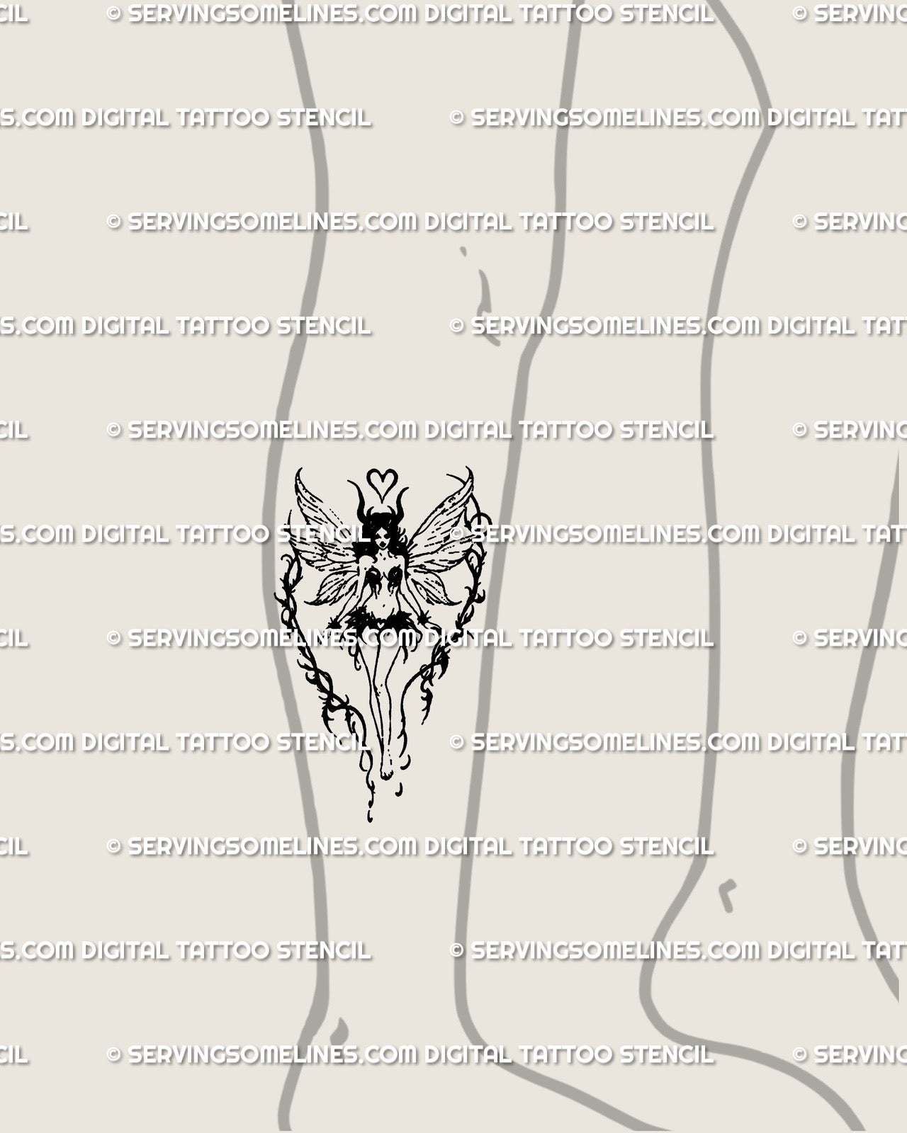 Dark fairy blackwork tattoo displayed on leg, gothic fantasy line art fairycore design with soft feminine energy and detailed wings.