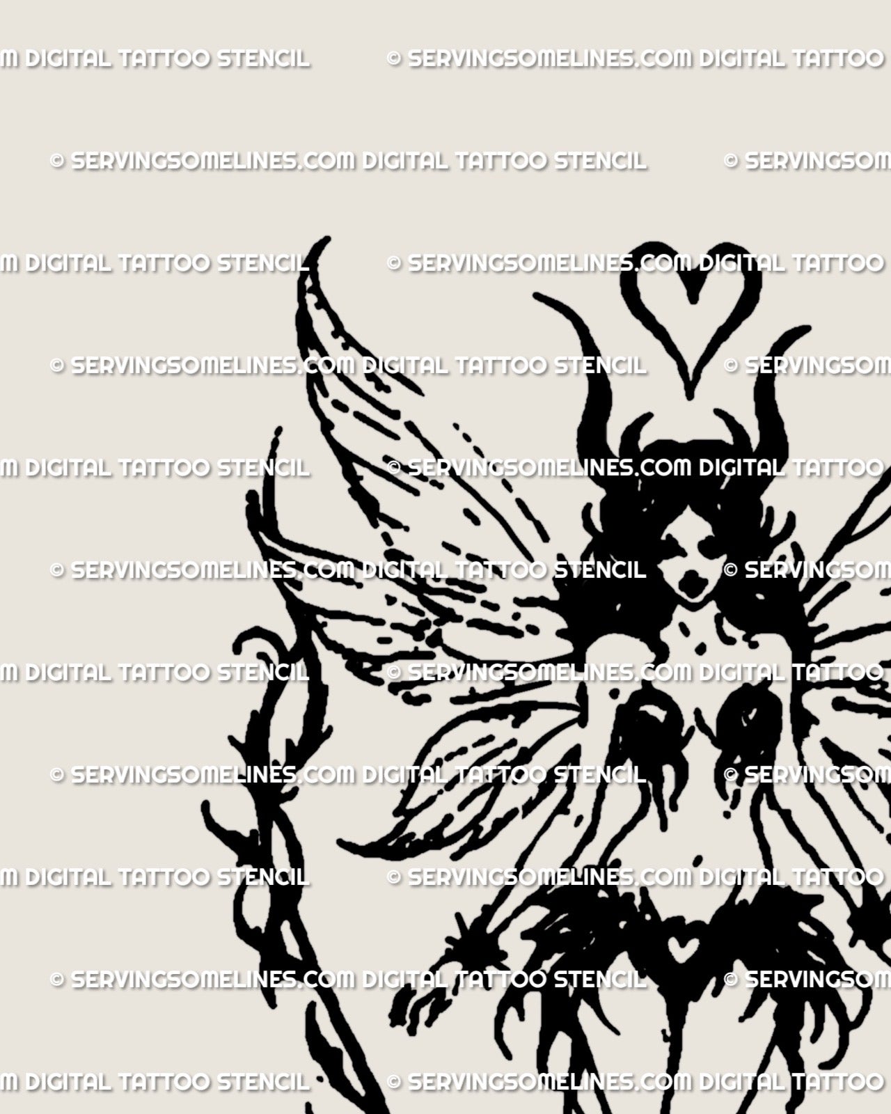 Close-up of gothic dark fairy tattoo stencil, showing fine blackwork lines and fantasy wings in detailed fairycore tattoo design.