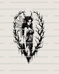 Dark fairy tattoo stencil in gothic witch style with horns and wings, a blackwork dark fairy tattoo design full of fantasy and symbolic energy.