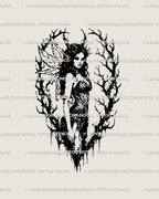 Dark fairy tattoo stencil in gothic witch style with horns and wings, a blackwork dark fairy tattoo design full of fantasy and symbolic energy.