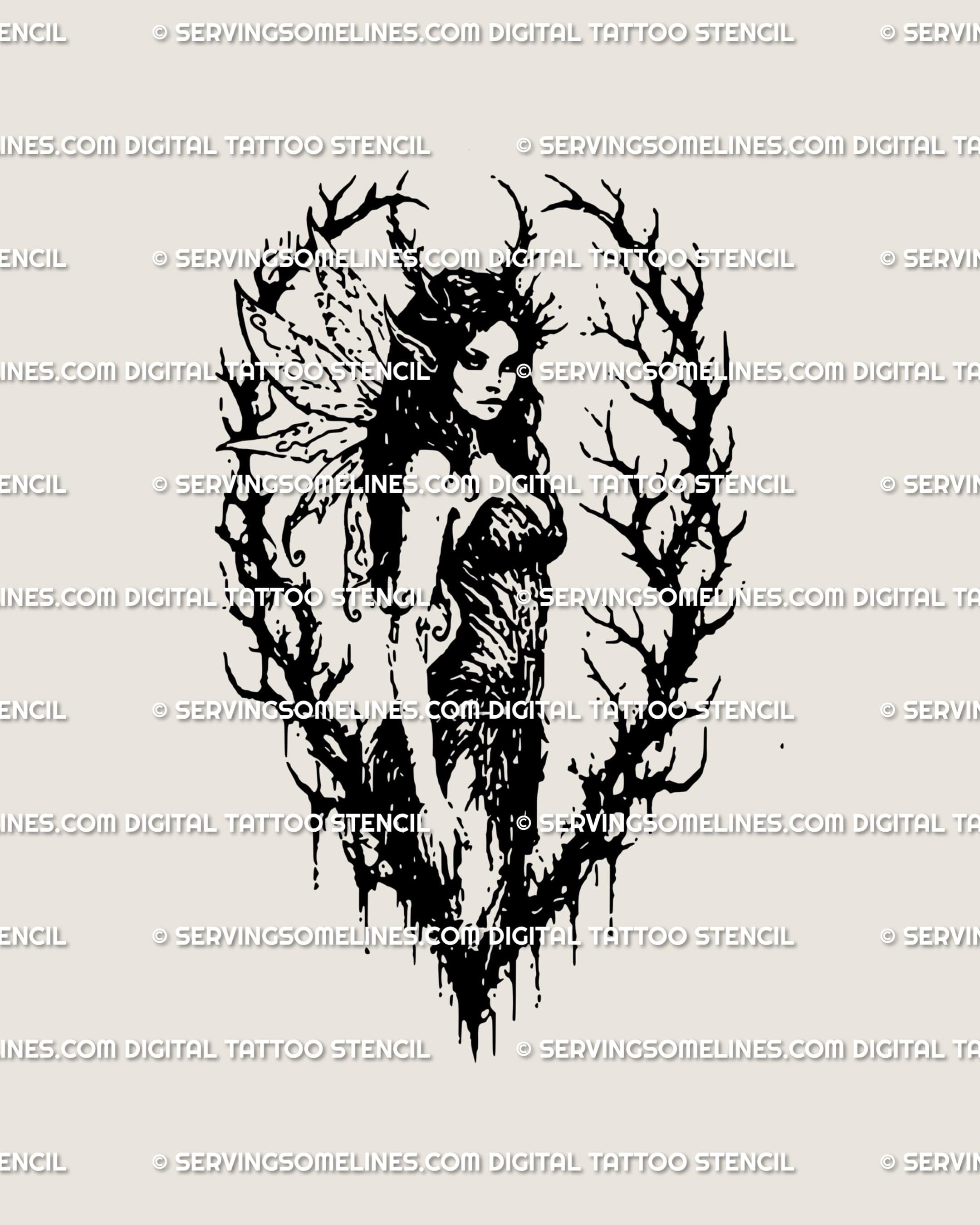 Dark fairy tattoo stencil in gothic witch style with horns and wings, a blackwork dark fairy tattoo design full of fantasy and symbolic energy.