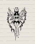 Hand-drawn dark fairy tattoo stencil in gothic fairycore blackwork style, showing wings and ornamental details in fantasy linework design. 