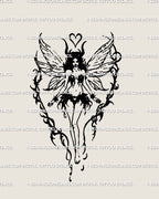 Hand-drawn dark fairy tattoo stencil in gothic fairycore blackwork style, showing wings and ornamental details in fantasy linework design. 