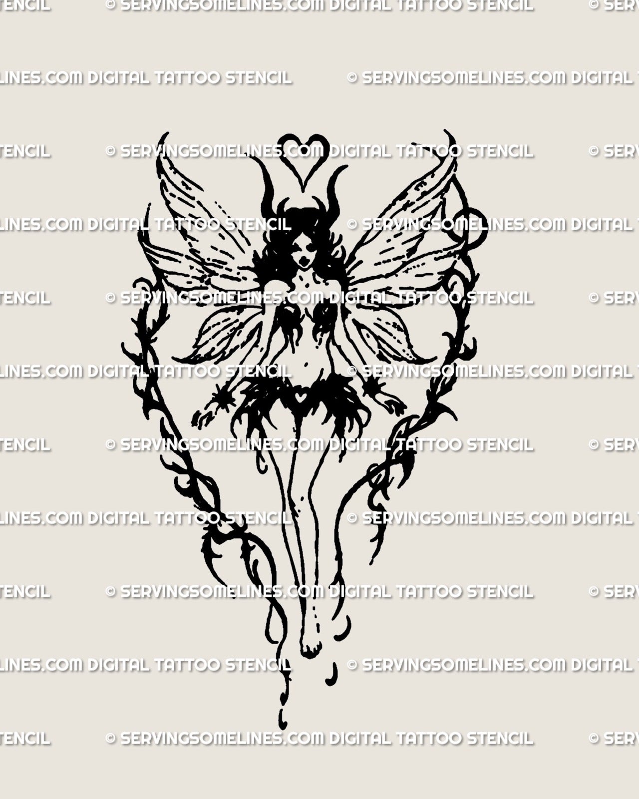 Hand-drawn dark fairy tattoo stencil in gothic fairycore blackwork style, showing wings and ornamental details in fantasy linework design. 