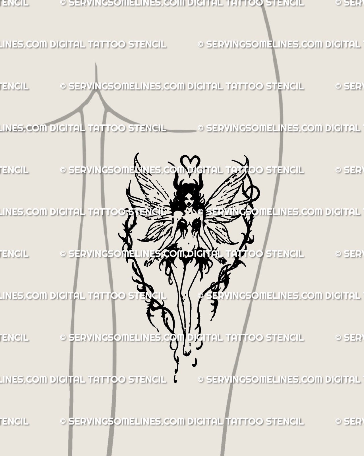Dark fairy blackwork tattoo displayed on back of the thigh, feminine gothic fairycore fantasy design with delicate wings and aura.