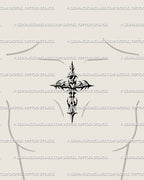 Dark faith gothic tattoo stencil for female chest, ornamental crucifix drawn with cybertribal blackwork detail.