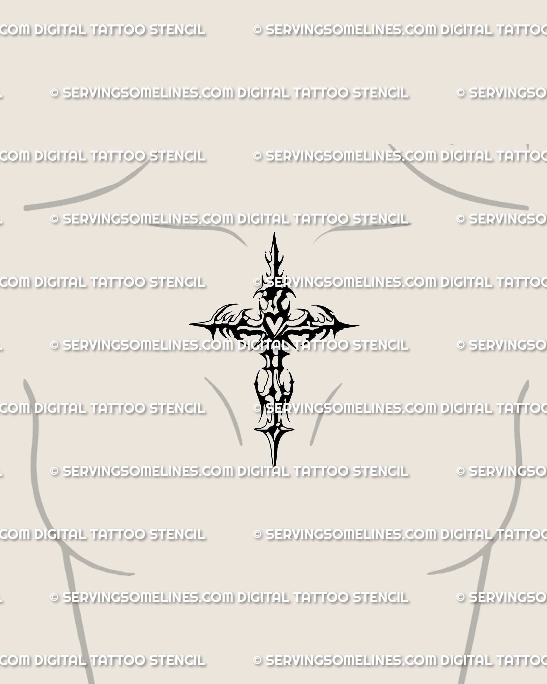 Dark faith gothic tattoo stencil for female chest, ornamental crucifix drawn with cybertribal blackwork detail.