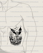 Dark fantasy tattoo stencil of horned demon with skulls and wings, placed on side ribs in gothic neotribal style.