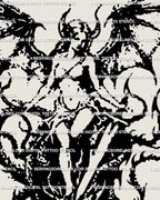 Dark fantasy dragon-winged woman with sword tattoo stencil, gothic blackwork dotwork illustration for chest or thigh