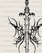 Dark fantasy winged sword tattoo close up, flaming butterfly wings at the hilt, heart core, neotribal linework, sharp clean stencil detail.