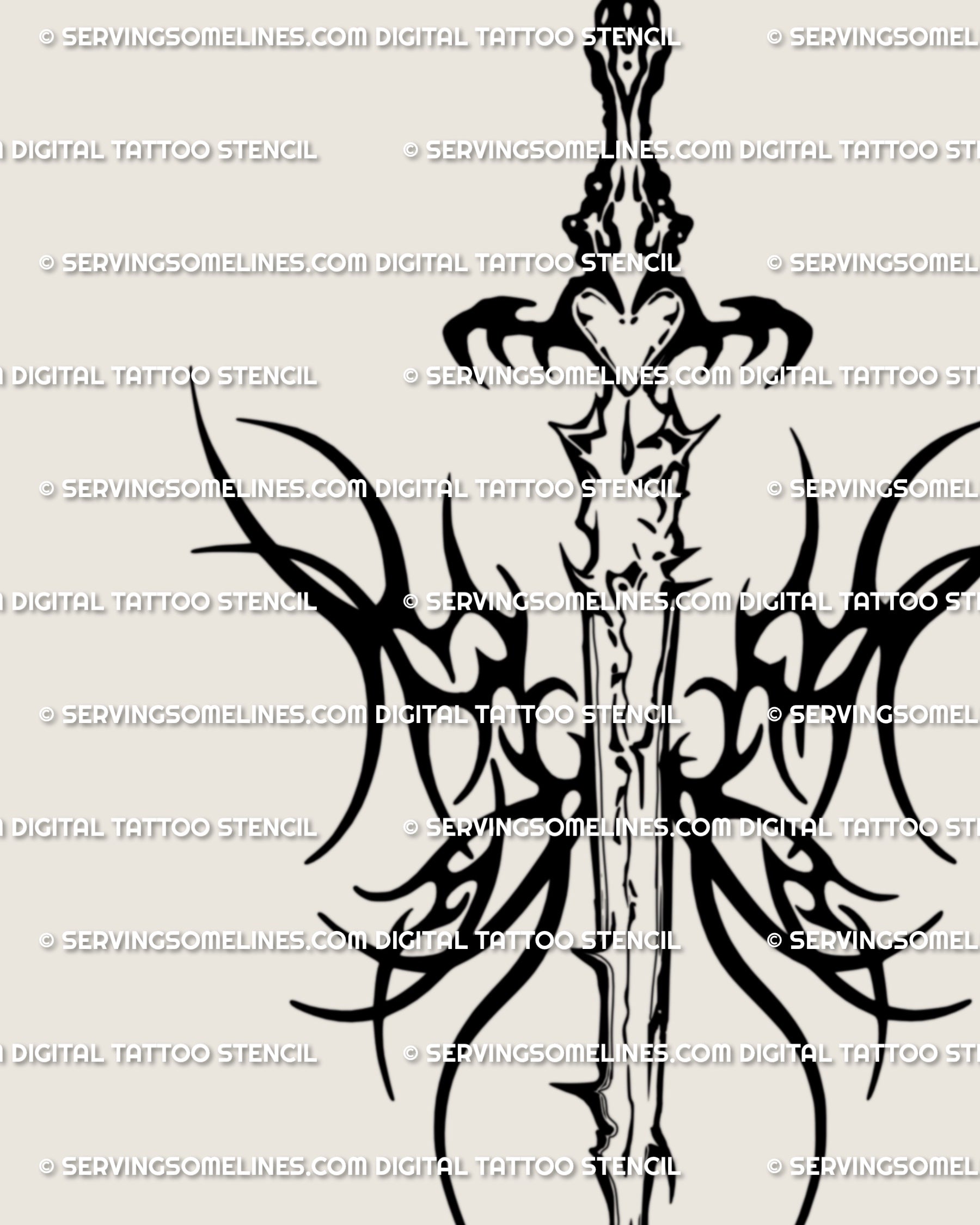 Dark fantasy winged sword tattoo close up, flaming butterfly wings at the hilt, heart core, neotribal linework, sharp clean stencil detail.