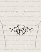 Dark feminine bow tattoo idea for sternum placement, ornamental coquette style with stylized curves and sharp gothic detail. A tattoo stencil that feels edgy yet delicate.