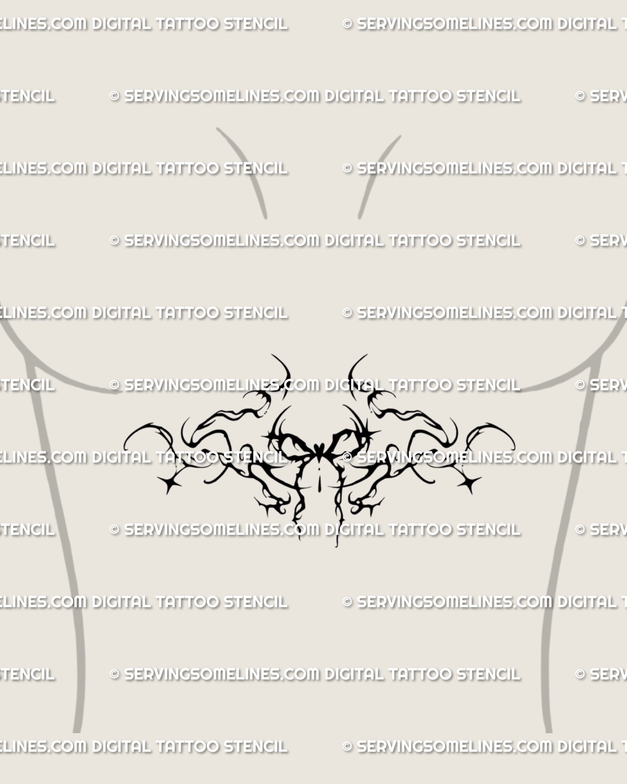 Dark feminine bow tattoo idea for sternum placement, ornamental coquette style with stylized curves and sharp gothic detail. A tattoo stencil that feels edgy yet delicate.