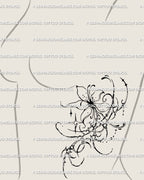 Dark gothic floral linework tattoo along female side ribs, a cybersigilism flower design with ornamental spiky cyber tribal rhythm.