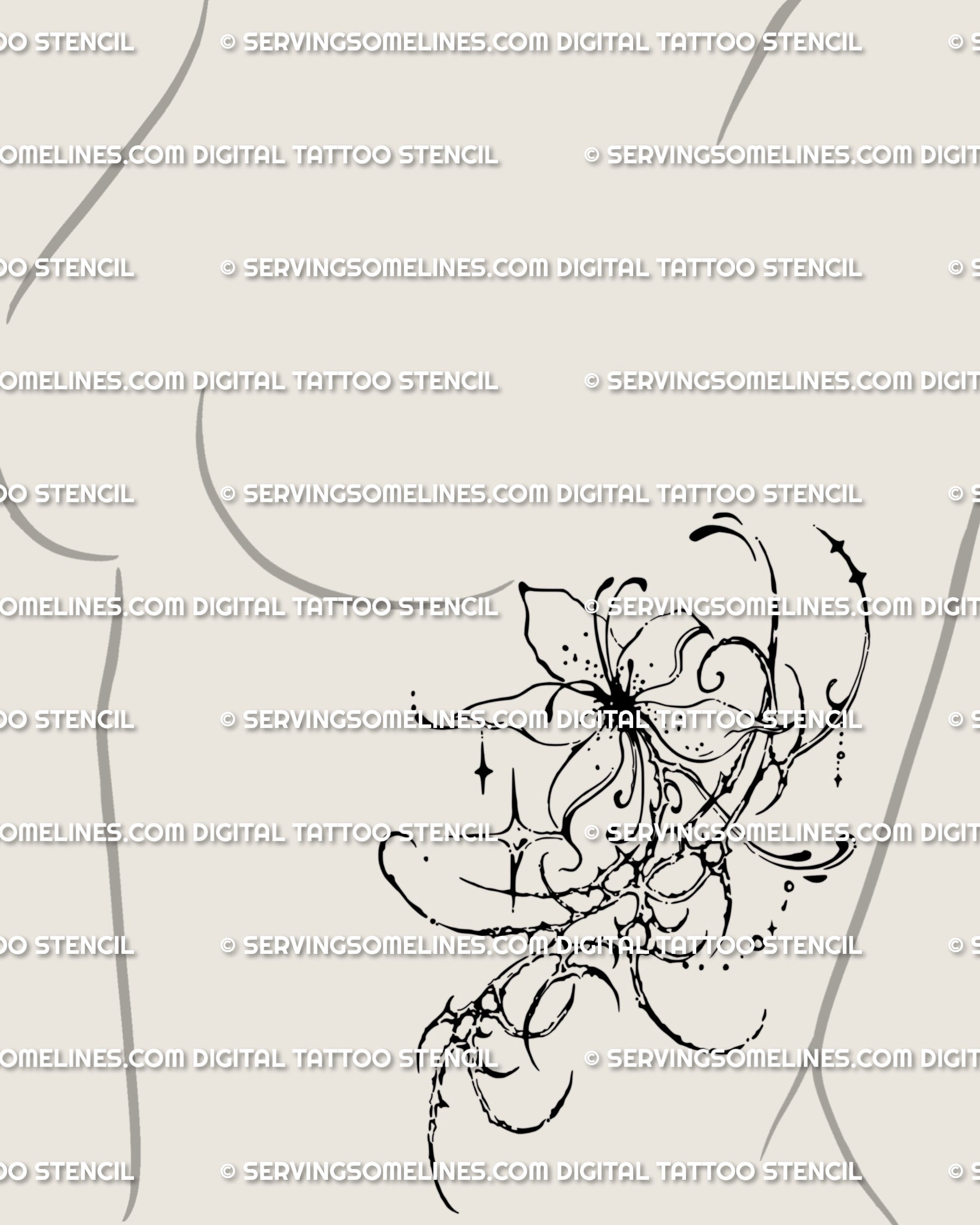 Dark gothic floral linework tattoo along female side ribs, a cybersigilism flower design with ornamental spiky cyber tribal rhythm.
