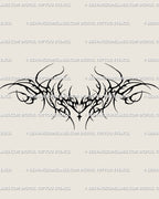 Dark gothic tramp stamp tattoo stencil with cyber sigil curves and blackwork tribal arcs, centered around a heart silhouette for bold unisex tattoo placement.