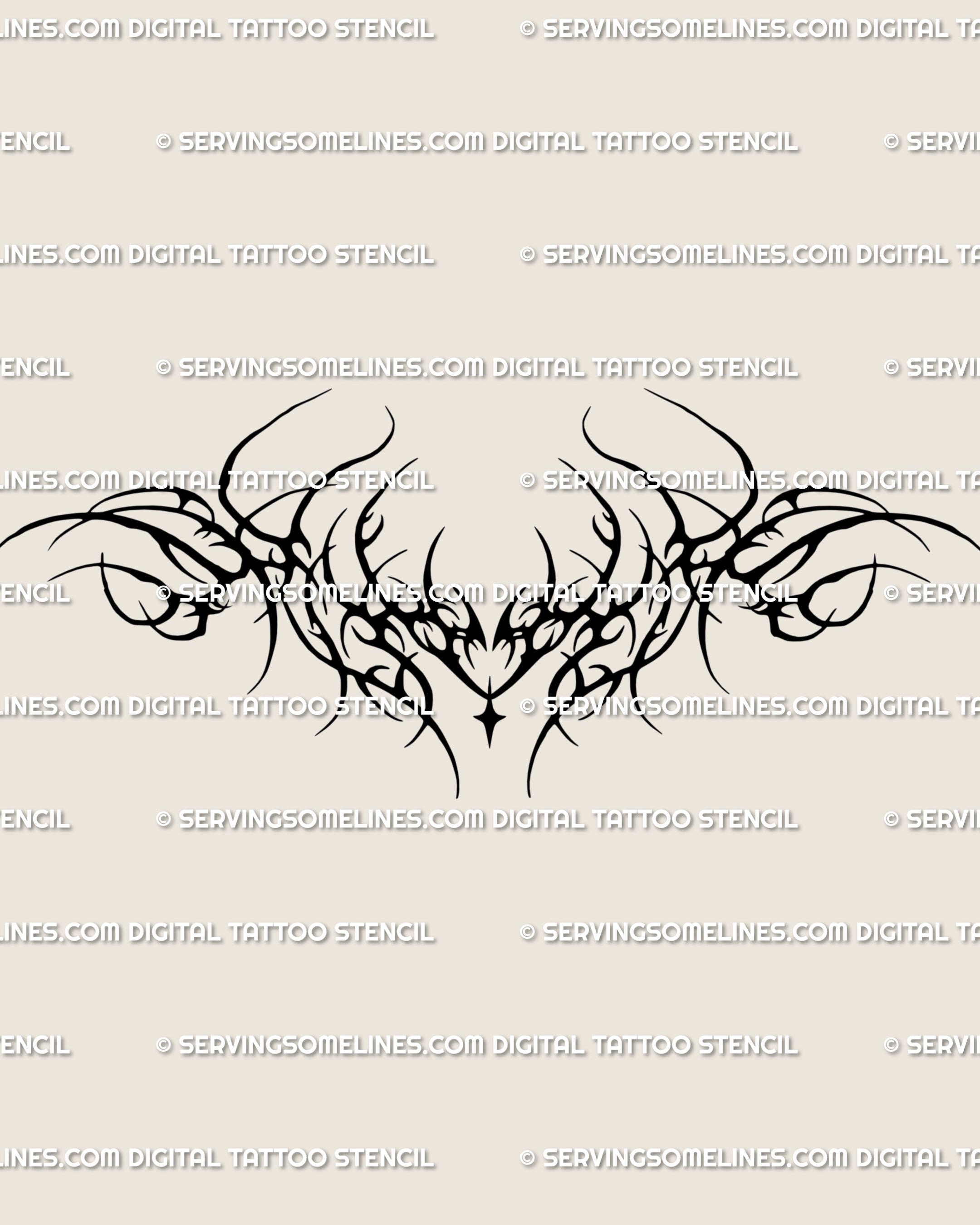 Dark gothic tramp stamp tattoo stencil with cyber sigil curves and blackwork tribal arcs, centered around a heart silhouette for bold unisex tattoo placement.