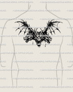 Dark medieval tattoo design with hydra dragons across upper back, gothic blackwork wings drawn for symmetry and strength.