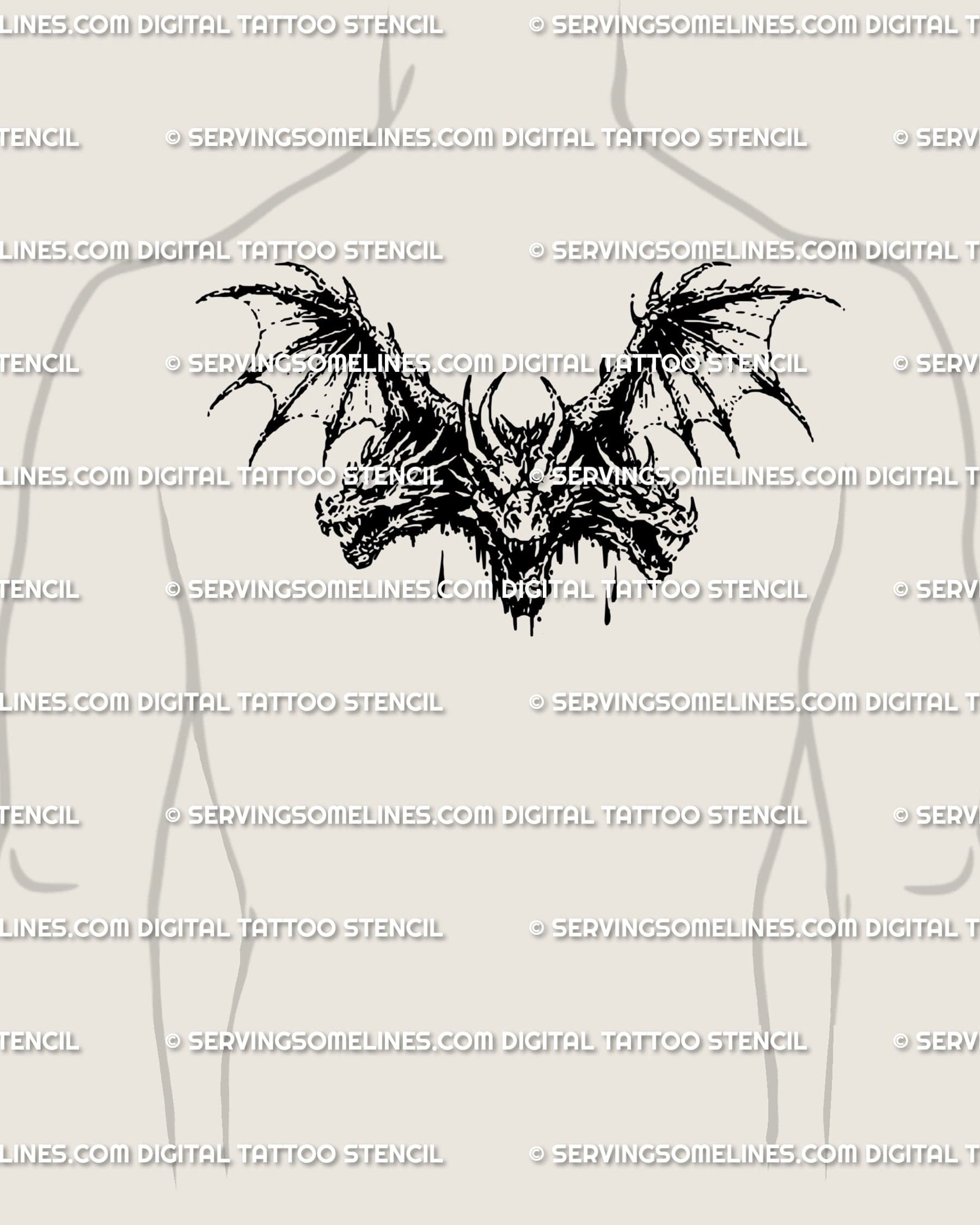 Dark medieval tattoo design with hydra dragons across upper back, gothic blackwork wings drawn for symmetry and strength.