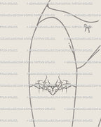 Dark romantic tattoo design on the front thigh; thorn heart with cyber-sigil geometry, witchy and elegant, minimal clean linework.