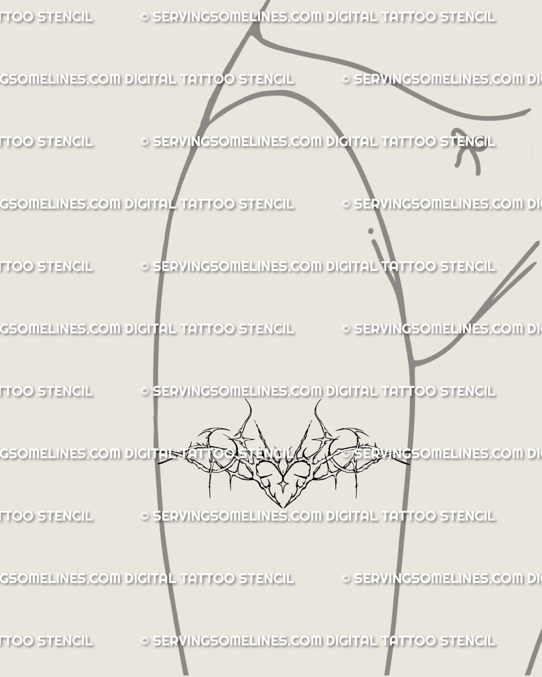 Dark romantic tattoo design on the front thigh; thorn heart with cyber-sigil geometry, witchy and elegant, minimal clean linework.