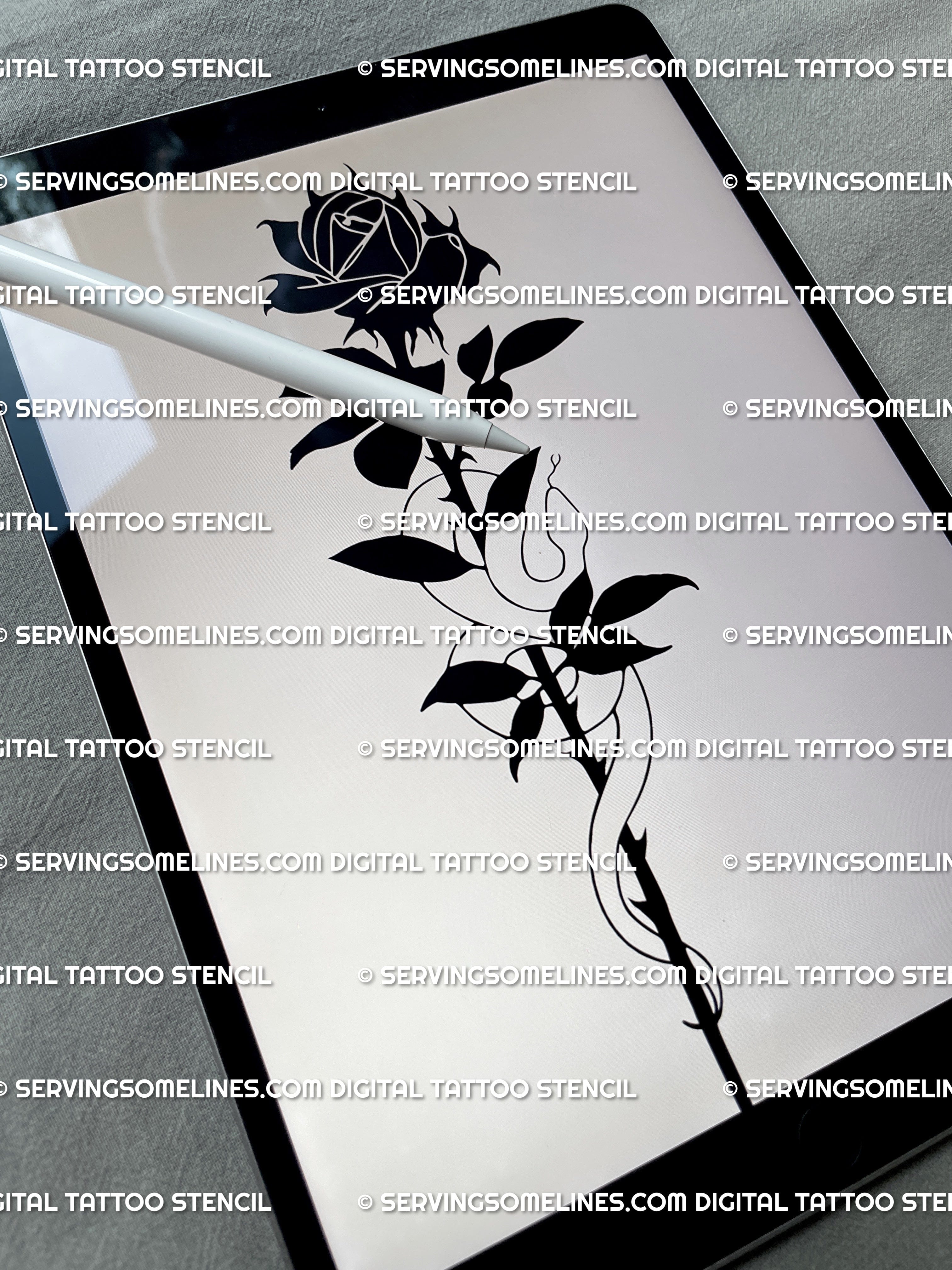 iPad preview of dark rose tattoo symbolism, serpent and rose neotribal art combining gothic emotion with structure and calm.