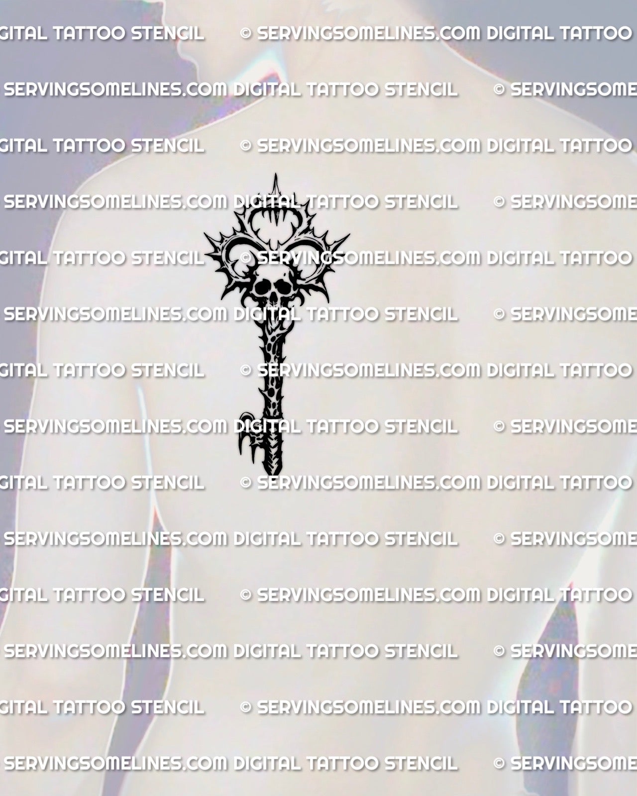 Death head key tattoo stencil displayed on mens shoulder placement example, thorn crown frame and dark key body, crisp linework file.