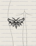 Death head moth tattoo stencil shown on back of thigh placement, dark moth wings with skull feature, stencil download