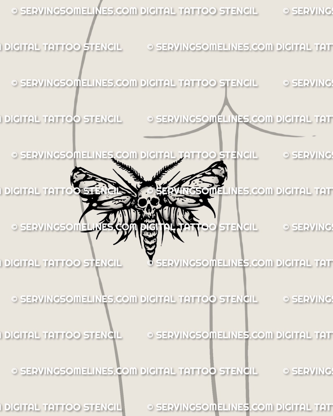 Death head moth tattoo stencil shown on back of thigh placement, dark moth wings with skull feature, stencil download