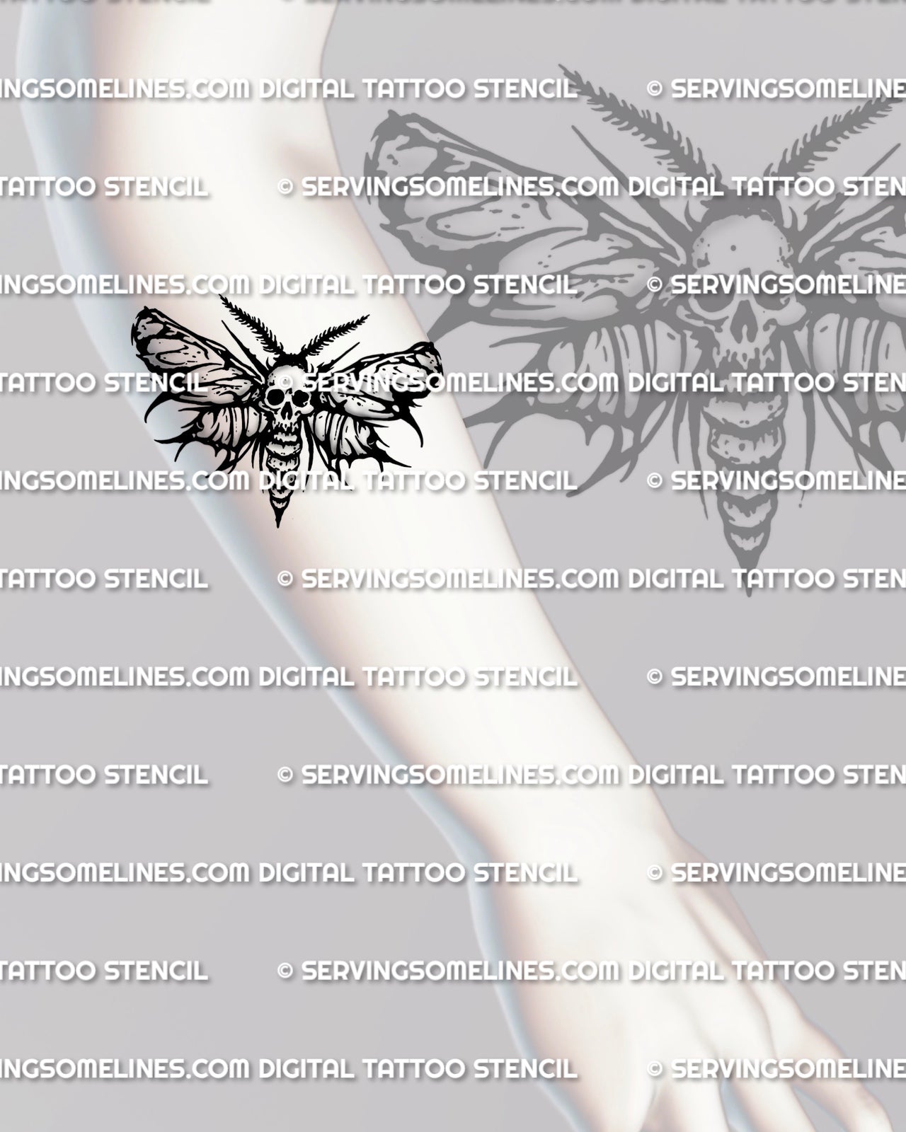 Death head moth tattoo stencil shown on forearm placement, clean wing edges, skull detail centered, PNG JPG PDF