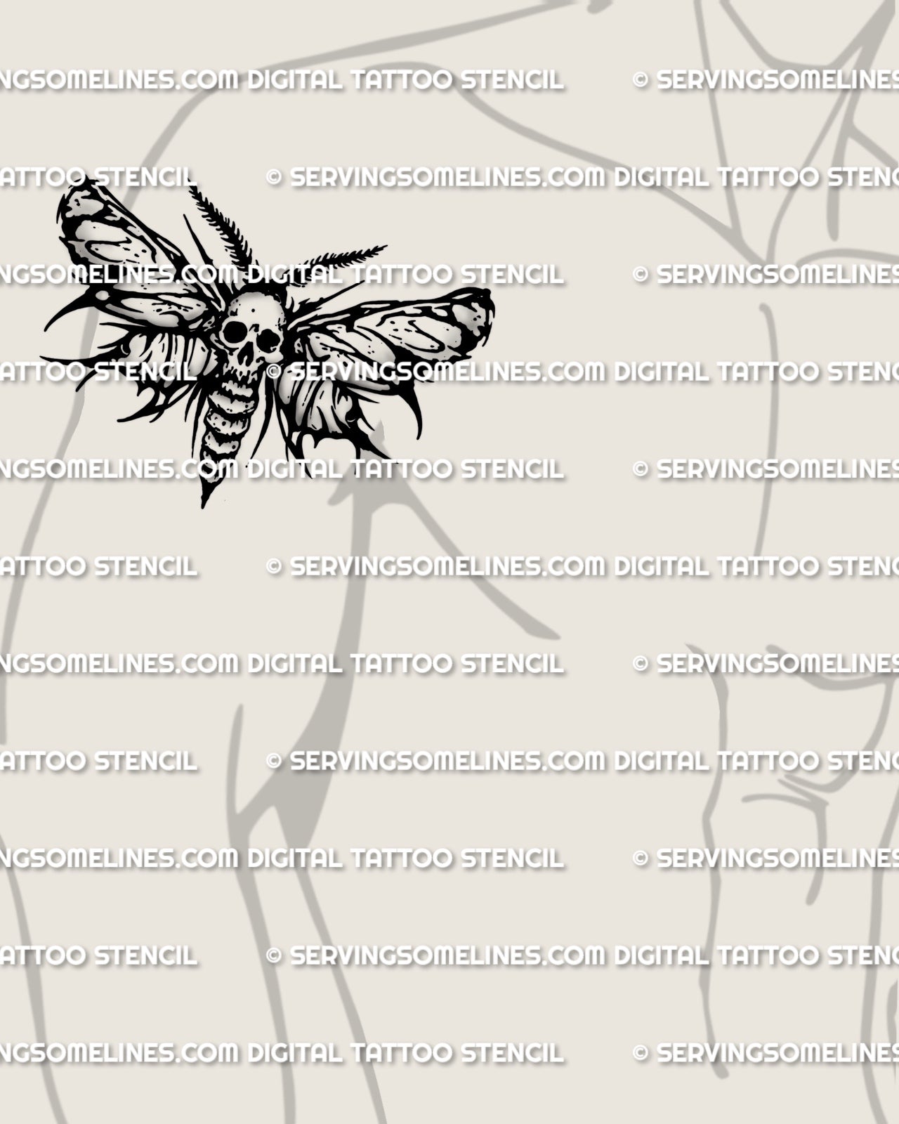 Death head moth tattoo stencil shown on mens arm placement, death skull moth look, strong blackwork wings, stencil ready