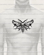 Death head moth tattoo stencil shown on mens chest center placement, skull moth design, crisp wing silhouette, instant files