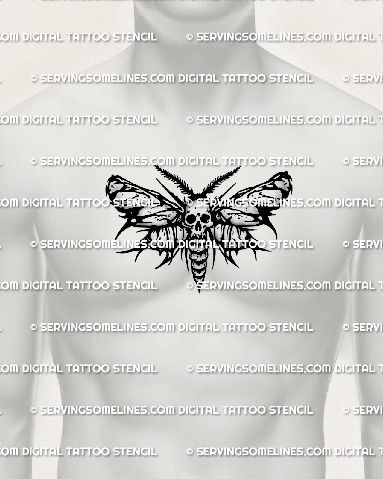 Death head moth tattoo stencil shown on mens chest center placement, skull moth design, crisp wing silhouette, instant files