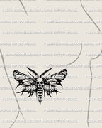 Death head moth tattoo stencil shown on side rib underbust placement, skull thorax detail, blackwork wings, printable files