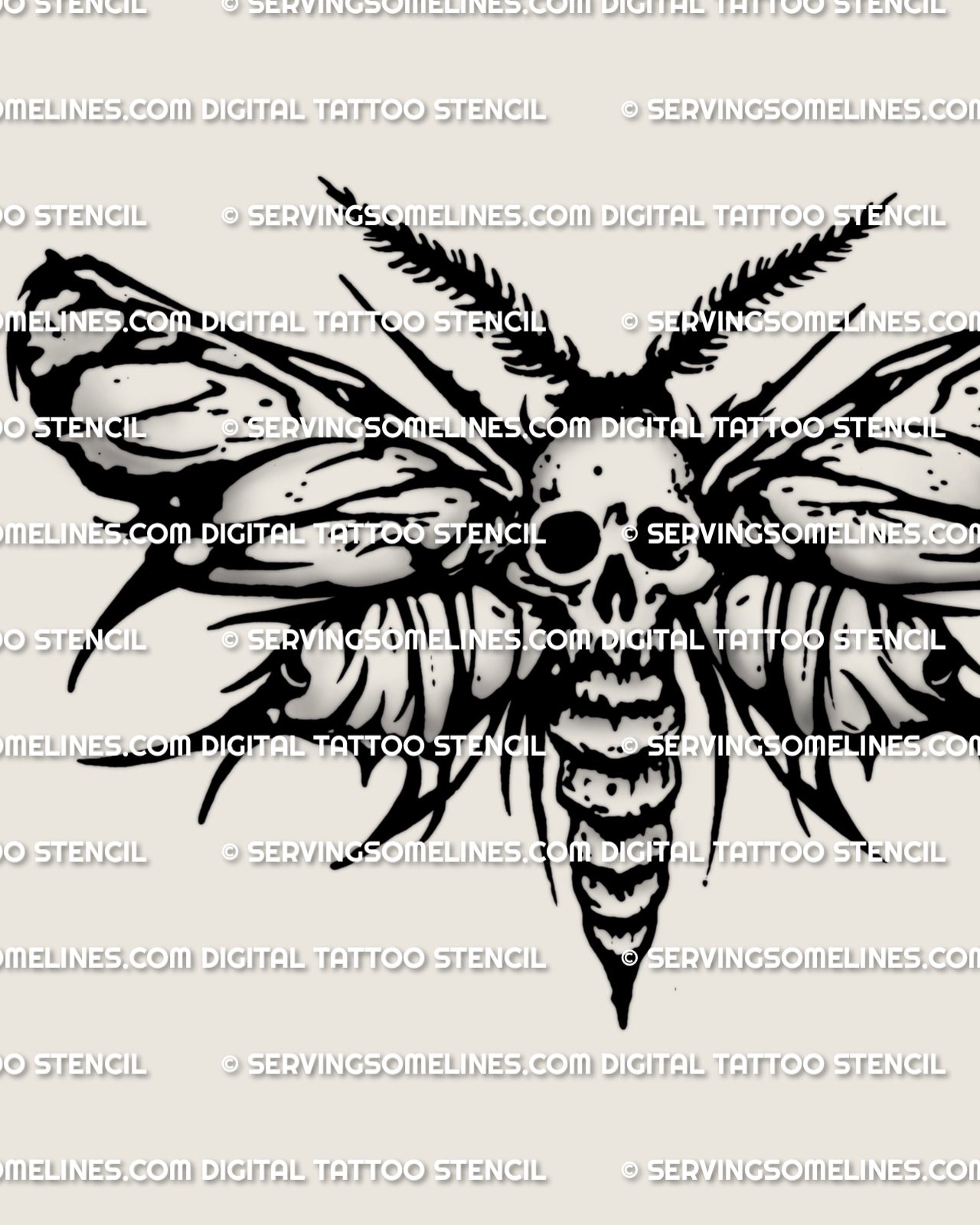 Death head moth tattoo stencil download, skull marking moth wings, high resolution PNG JPG PDF files