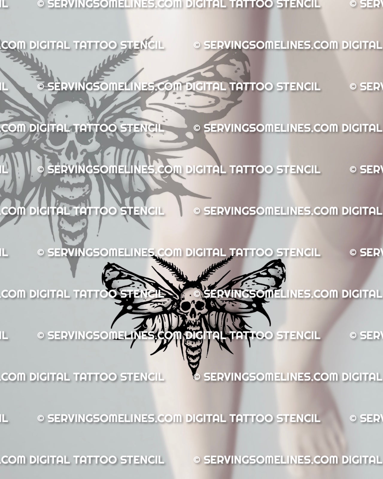 Death head moth tattoo stencil shown on under knee placement, bold skull thorax, blackwork wings, printable files