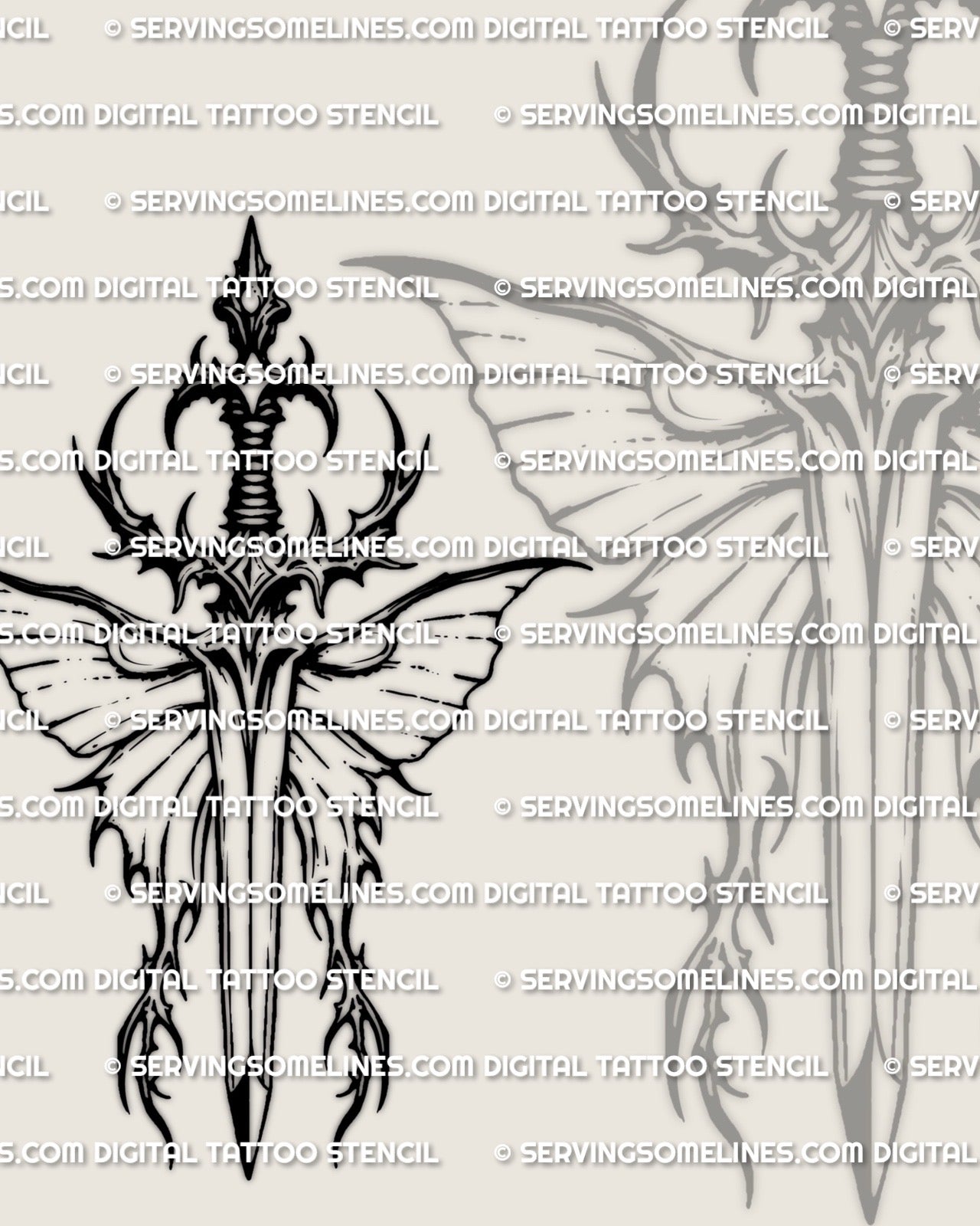 Death moth dagger tattoo design, moth head hilt and winged blade, clean linework, tattoo stencil download.
