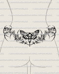 Death moth lower back tattoo shown on womens lower back placement, with a skull-faced center, wide wings, and thorned framing.