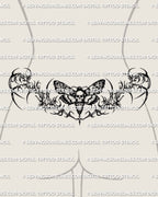 Death moth lower back tattoo shown on womens lower back placement, with a skull-faced center, wide wings, and thorned framing.