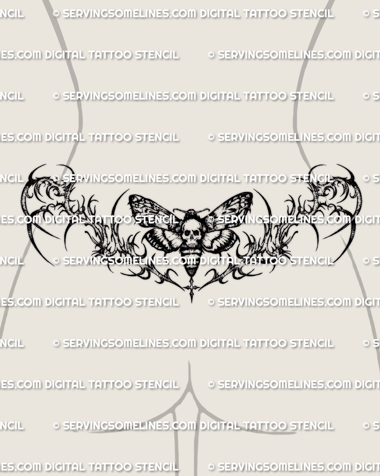 Death moth lower back tattoo shown on womens lower back placement, with a skull-faced center, wide wings, and thorned framing.