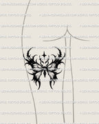 death moth tattoo stencil displayed on back of thigh placement example, nocturnal moth wings design with sharp silhouette