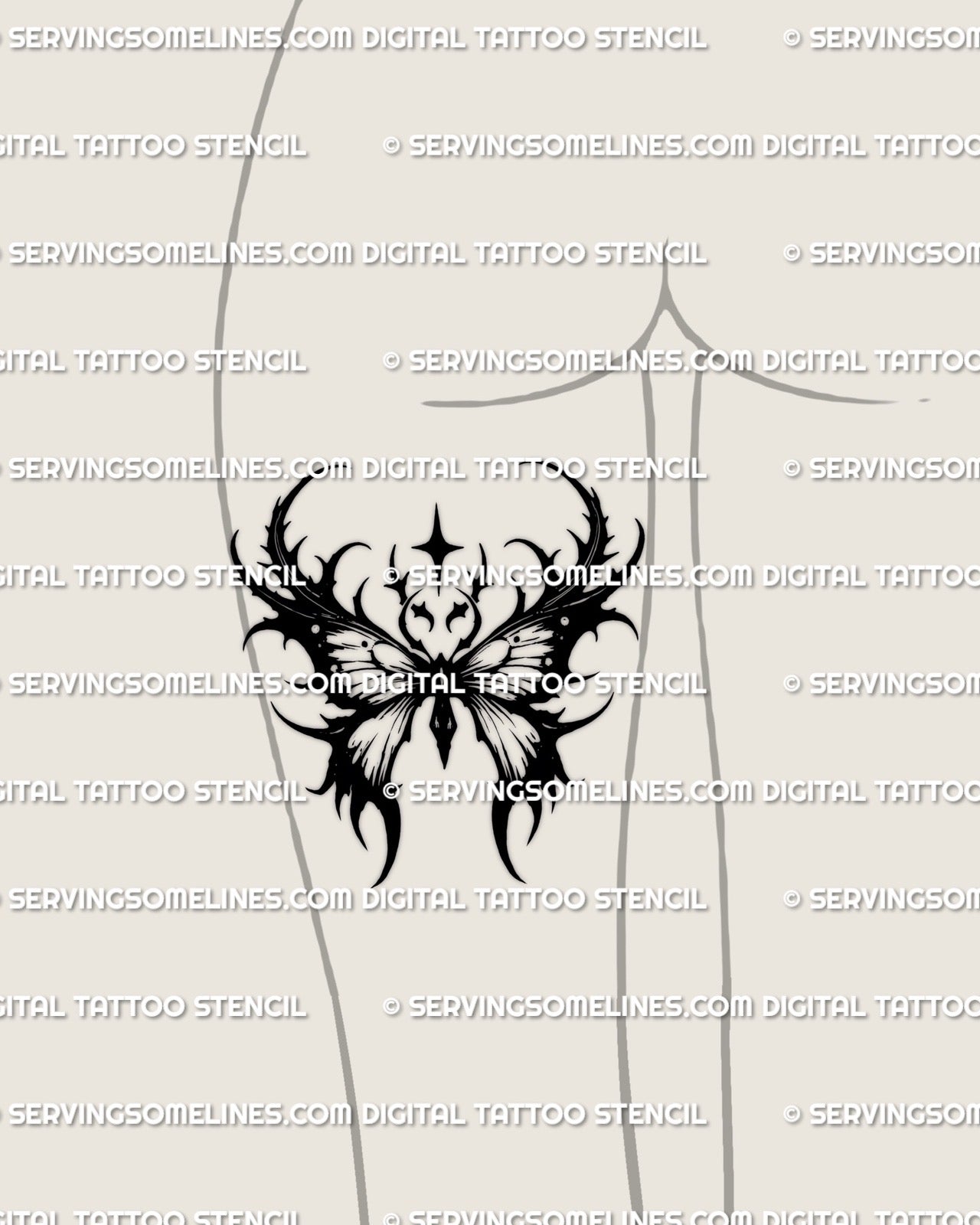 death moth tattoo stencil displayed on back of thigh placement example, nocturnal moth wings design with sharp silhouette