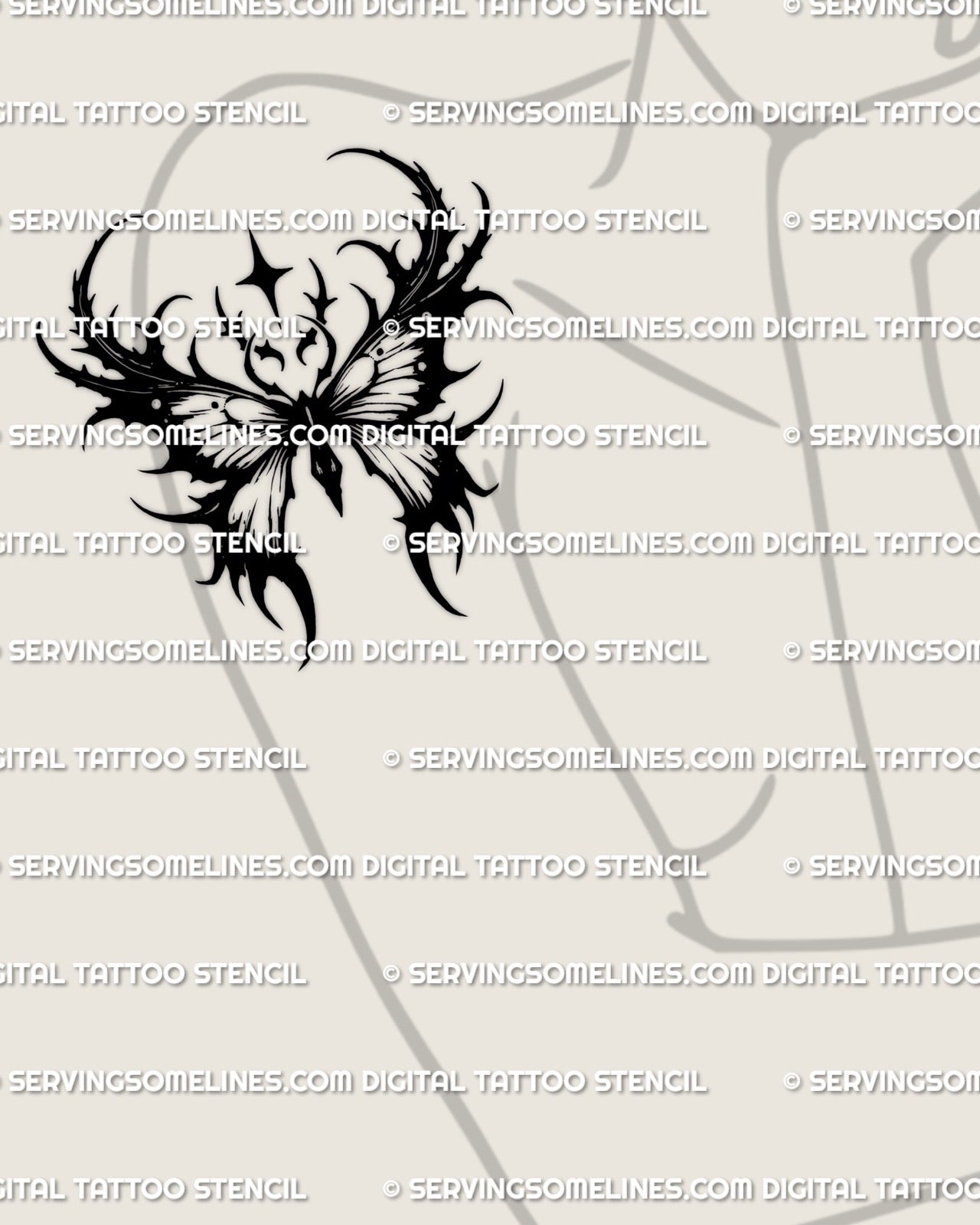 death moth tattoo stencil shown on womens upper arm placement example, gothic moth wings design for clean stencil printing