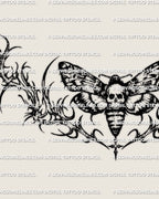 Close detail of the death moth tattoo, showing the skull-faced center, wing structure, and thorned outer framing.