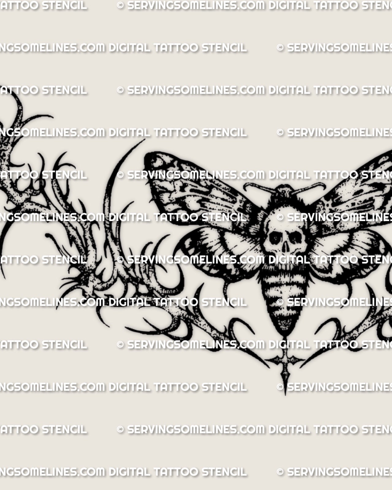 Close detail of the death moth tattoo, showing the skull-faced center, wing structure, and thorned outer framing.