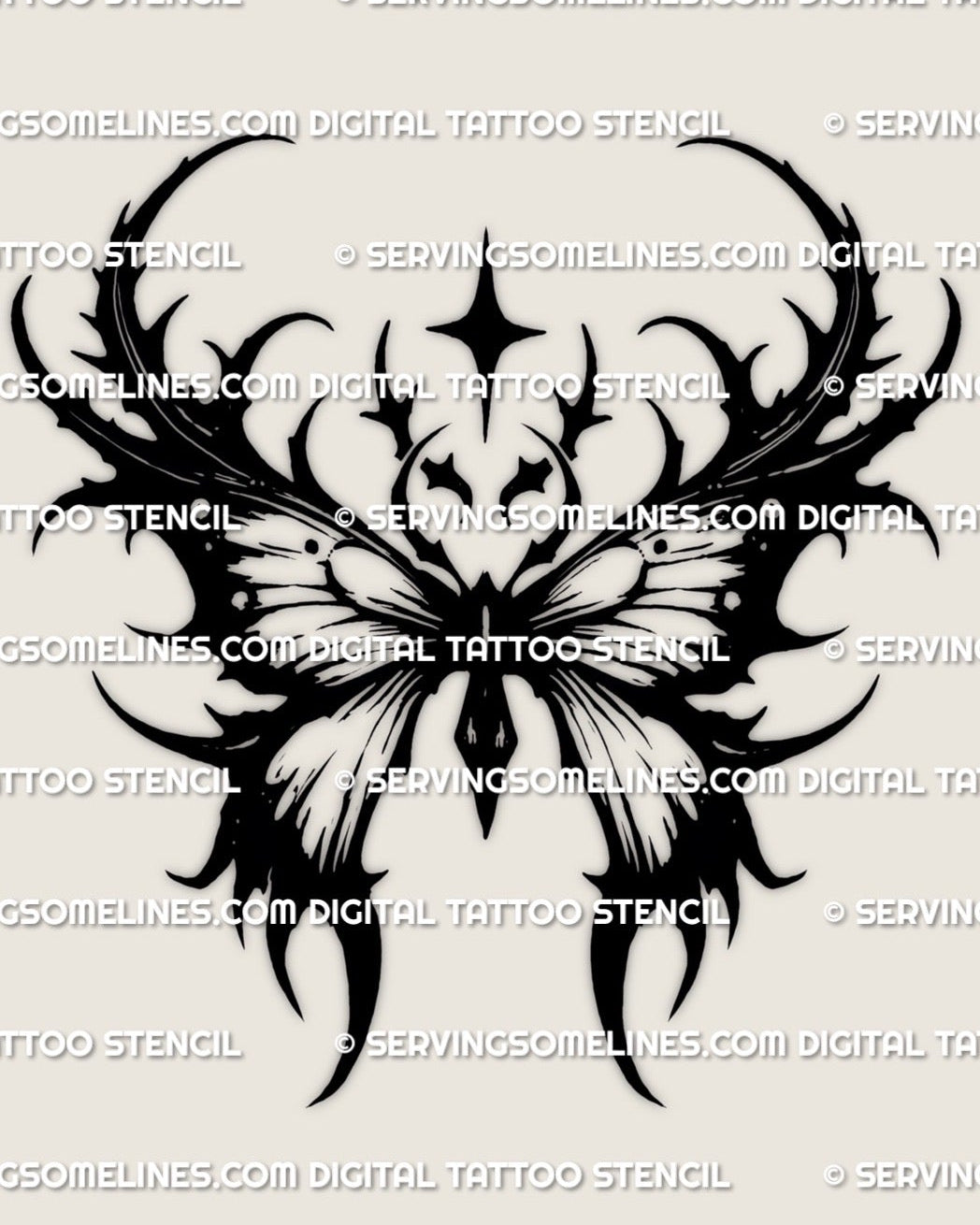 death moth tattoo stencil design with spiked wings and star accents, gothic moth wings stencil download for tattoo planning