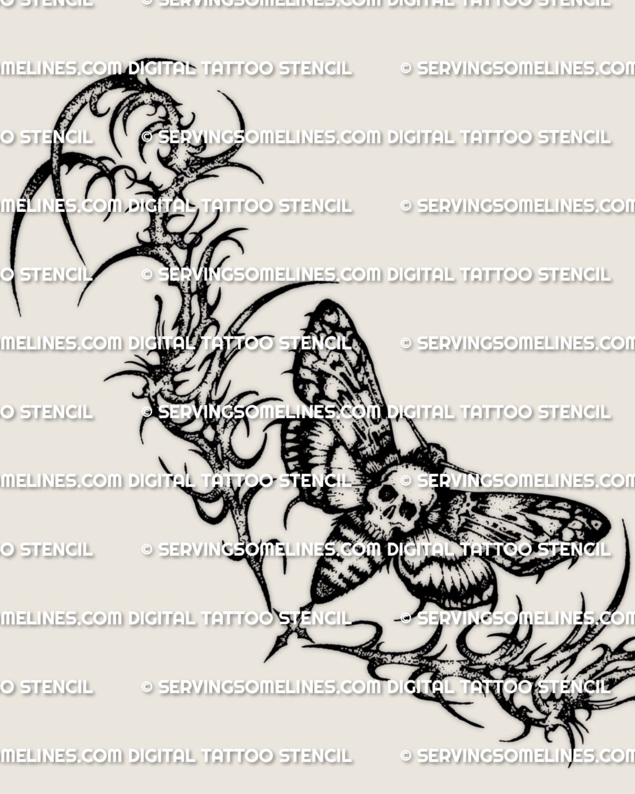 Main design view of a death moth waist tattoo stencil, with a skull-faced moth, spread wings, and pointed side framing.