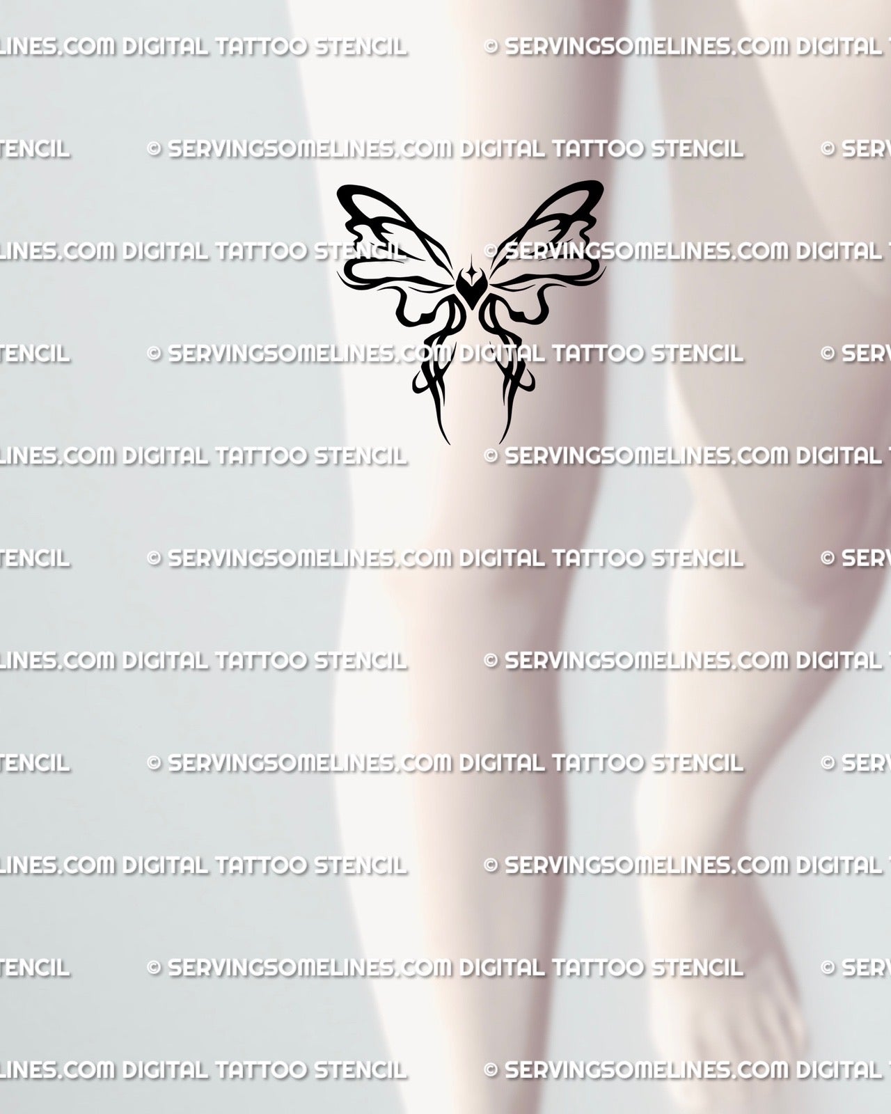 Decorative bow tattoo stencil displayed above the knee placement preview, compact ribbon design with instant download files.