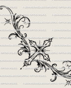 Main design view of a decorative cross waist tattoo stencil, with a centered cross and balanced side scrollwork.